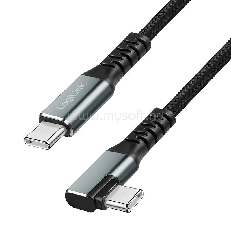 LOGILINK USB 3.2 Gen2 Type-C kábel, C/M 90  - C/M, 10 Gbps, 100W, 4K, fém, fekete, 0,5 m