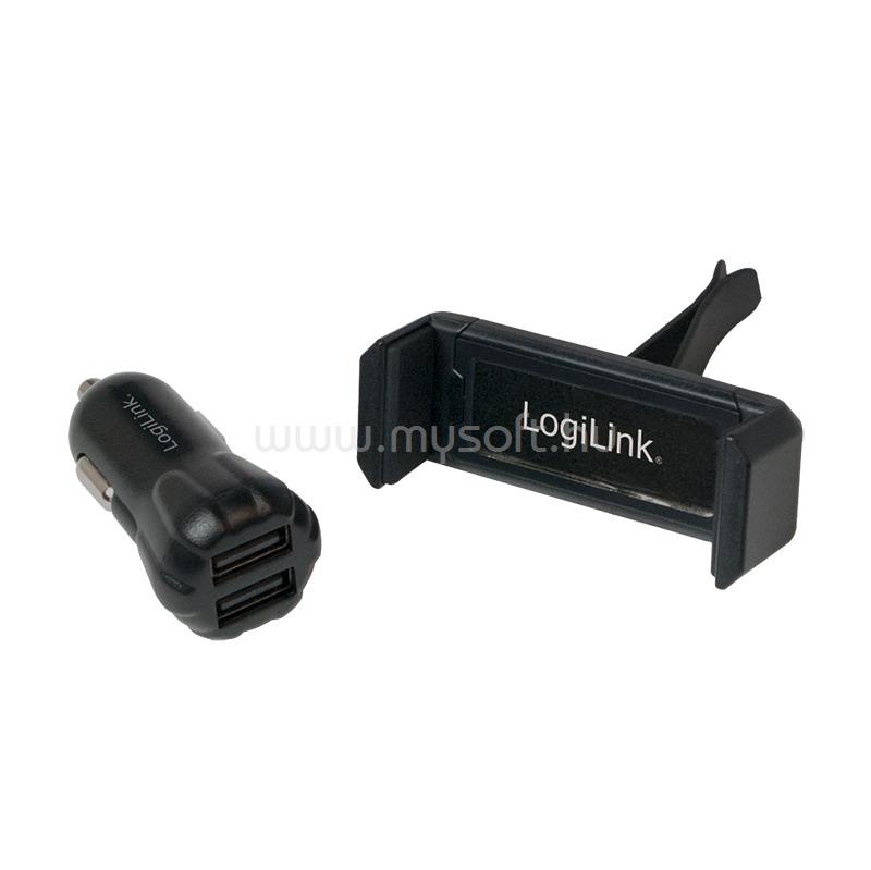 LOGILINK USB autós töltőkészlet, 2portos töltő (10W) + tartó