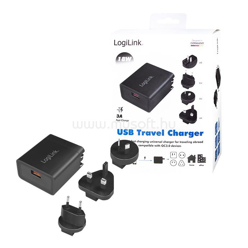 LOGILINK USB-csatlakozós utazási adapter QC 3-hoz, 18W