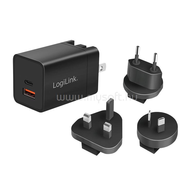 LOGILINK USB utazási töltő, GaN, 2 port, USB-AF és USB-CF, 30 W, PD-vel