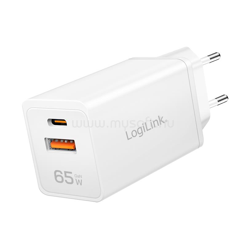 LOGILINK Kettős USB aljzatú adapter, GaN, 65 W, 1x USB-C (PD), 1x USB-A (QC) (fehér)