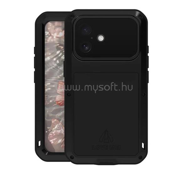 LOVE MEI iPhone 17 LOVE MEI Powerful defender műanyag telefonvédő fém keret, porálló + képernyővédő üveg, FEKETE