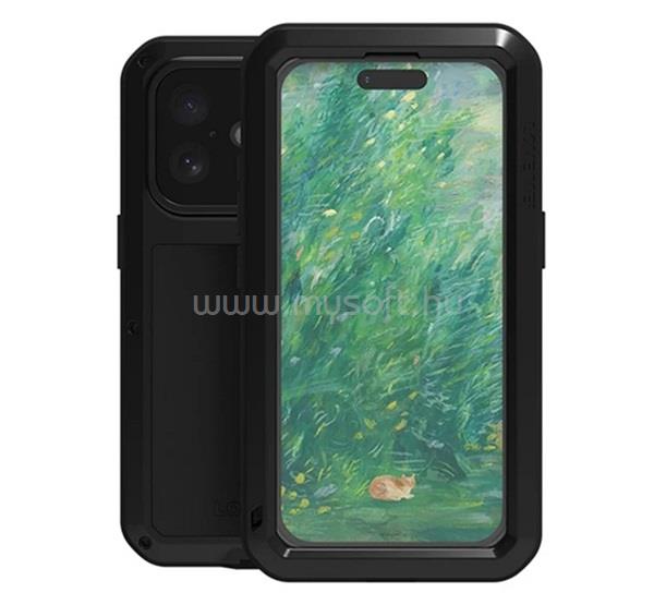 LOVE MEI iPhone 16 LOVE MEI Powerful defender műanyag telefonvédő fém keret, porálló + képernyővédő üveg, FEKETE