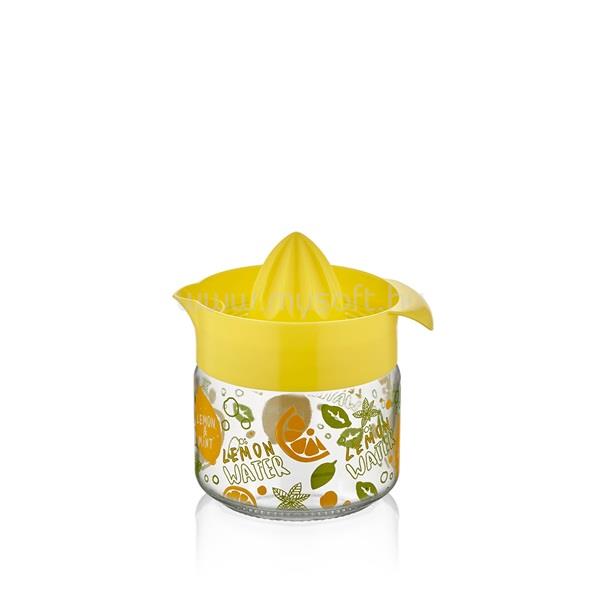 LUXPLASTIC IRIS C-00203 Fresia mintás citromfacsaró üveg tárolóval 300ml, narancs vagy citromsárga színű