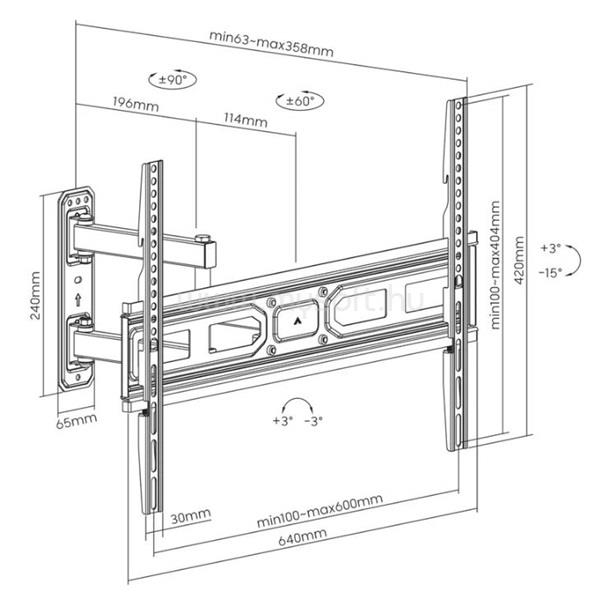 MANHATTAN TV állvány - Fali, dönthető, forgatható, TV állvány Fekete (max.VESA:600x400)(37"-70"-ig) 35 kg