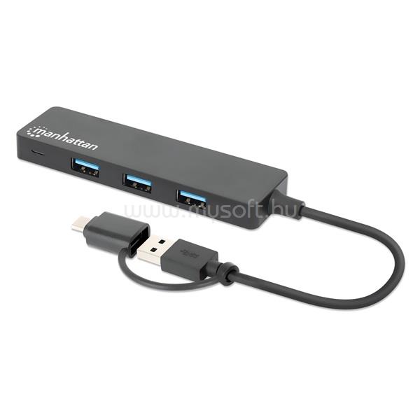 MANHATTAN USB HUB - 4db USB 3.0 Type-C / Type-A Combo Hub, USB-C Male és USB-A Male to 4 db USB-A Females, Fekete