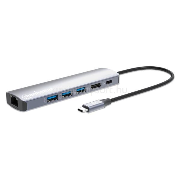 MANHATTAN USB HUB - USB-C PD 6-in-1 Type-C to HDMI, 3db USB-A, USB-C PD(100W) és Gigabit RJ45