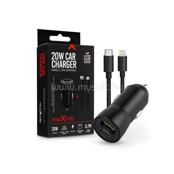 MAXLIFE ML269386 20W USB/USB C szivargyújtós töltő adapter + Type-C - Lightning kábel (fekete)