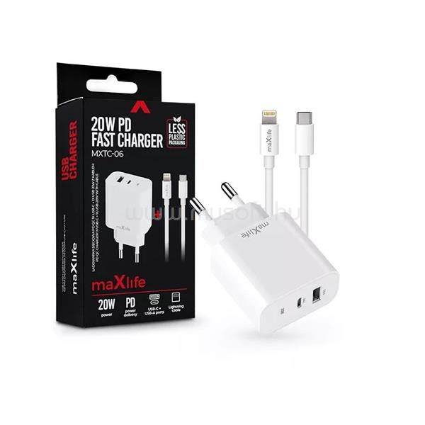 MAXLIFE ML738423 PD+QC 20W USB + Type-C fehér gyorstöltő adapter + Type-C/Lightning kábel