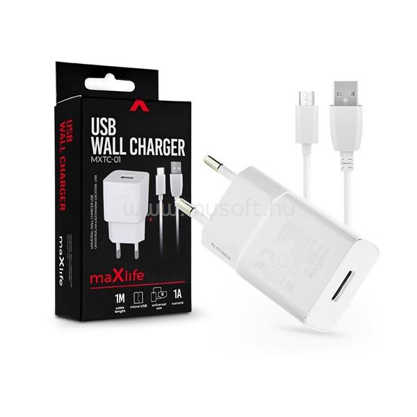 MAXLIFE TF-0102 univerzális fehér hálózati töltő adapter + 1m microUSB töltő és adatkábel