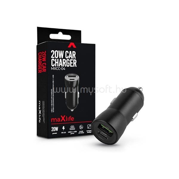 MAXLIFE TF-0166 USB/Type C 20W PD3.0 QC3.0 fekete szivargyújtós gyorstöltő adapter