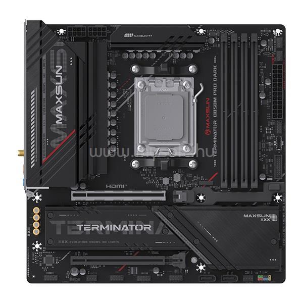 MAXSUN Alaplap - AMD MS-TERMINATOR B850M PRO DARK WIFI AM5 (B850, mATX, 4xDDR5 8000MHz, 2xSATA3, 3xM.2, HDMI, DP)
