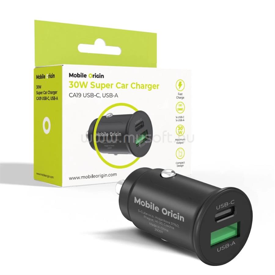 MOBILE ORIGIN 30W Super Car Charger CA19 - USB-C, USB-A Black