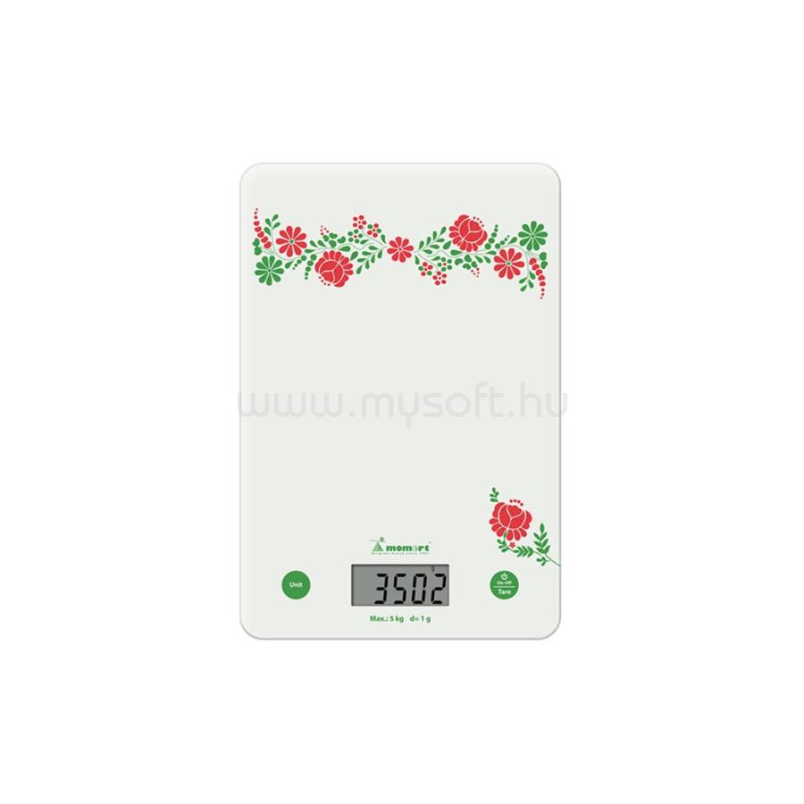 MOMERT 6859 digitális, kalocsai mintás, üveglapos konyhamérleg,  Precíziós mérési rendszer, tára funkció, LCD kijelző