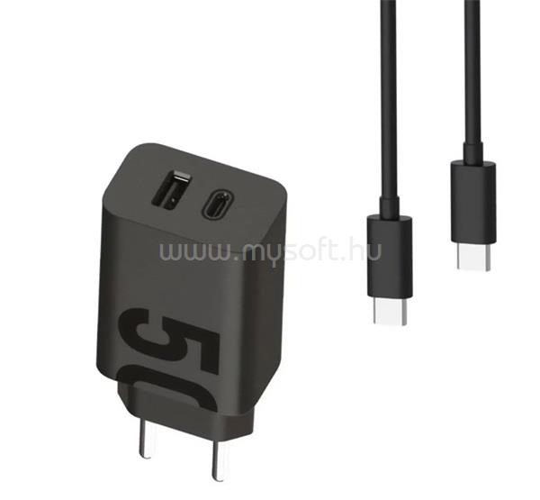 MOTOROLA MOTOROLA TURBOPOWER hálózati töltő USB+Type-C aljzat 50W, PD gyorstöltő + Type-C kábel, FEKETE