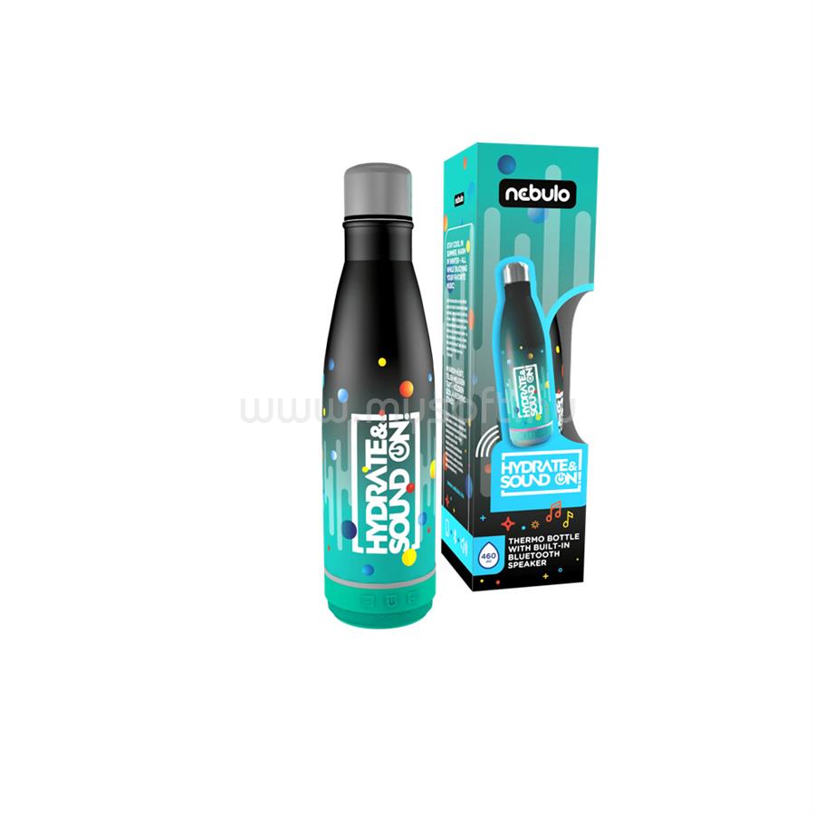 NEBULO Palack, thermo, beépített bluetooth hangszóróval 460 ml fekete-türkiz, Nebulo