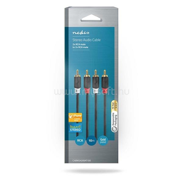 NEDIS CABW24200AT100 sztereo audió kábel 2x RCA apa, 2x RCA apa Aranyozott,  10 m , kerek,  Antracit