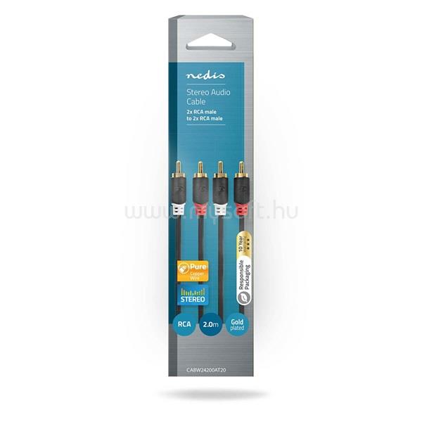 NEDIS CABW24200AT20 sztereo audió kábel 2x RCA apa 2x RCA apa, Aranyozott,  2 m , kerek,  Antracit