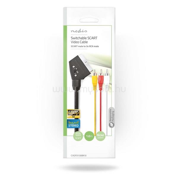 NEDIS CVGP31130BK10 SCART kábel, 3x RCA apa Nikkelezett, Kapcsolható, 480p, 1,00 m, kerek, PVC, Fekete