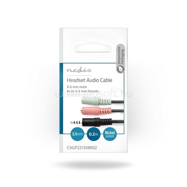 NEDIS sztereó audio kábel, CAGP22150BK02, 3,5 mm-es dugó 2x 3,5 mm-es anya Nikkelezett 0,20 m Kerek Fekete Boríték