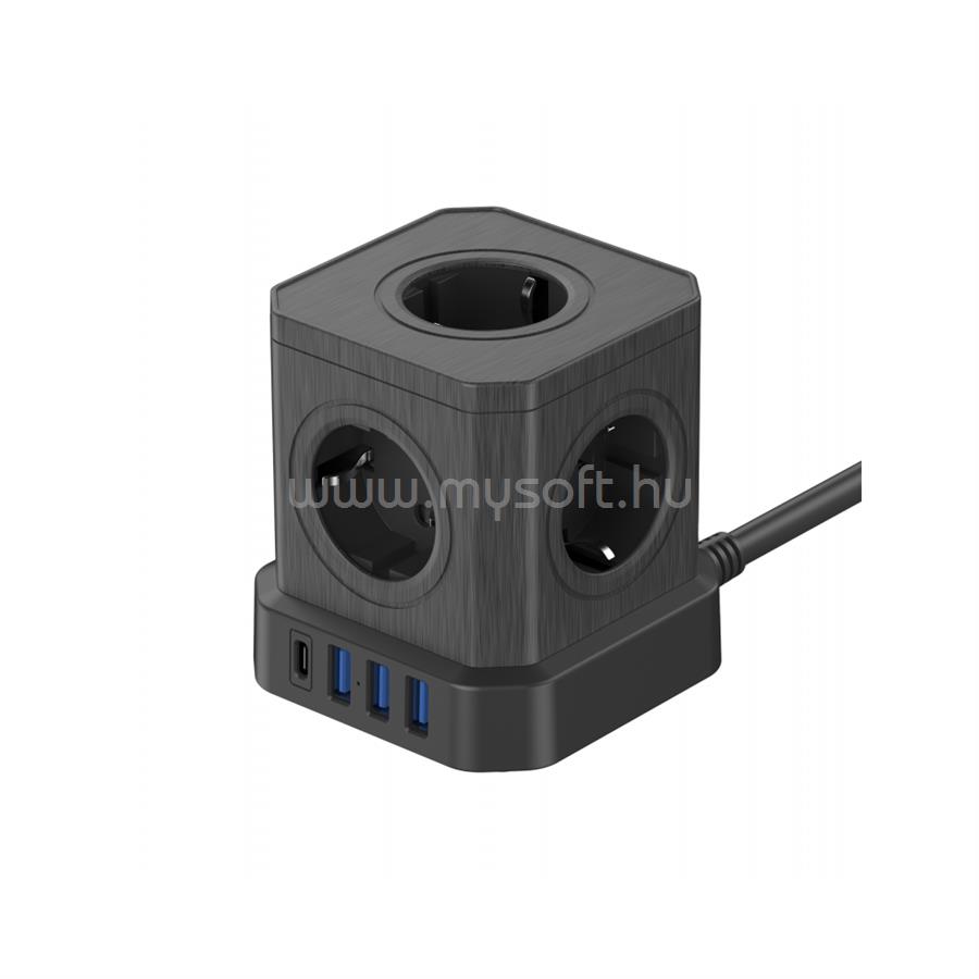NEWELL GaN Power Cube 9 in 1 töltő / hosszabító, 9 készülékhez, 5 konnektor + 3 USB-A port + 1 USB-C port, 4000W (fekete)