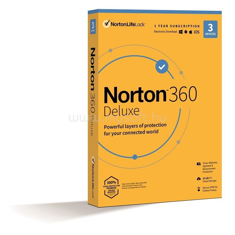 NORTONLIFELOCK Norton 360 Deluxe 25GB HUN 1 Felhasználó 3 gép 1 éves dobozos vírusirtó szoftver [ELEKTRONIKUS LICENC]