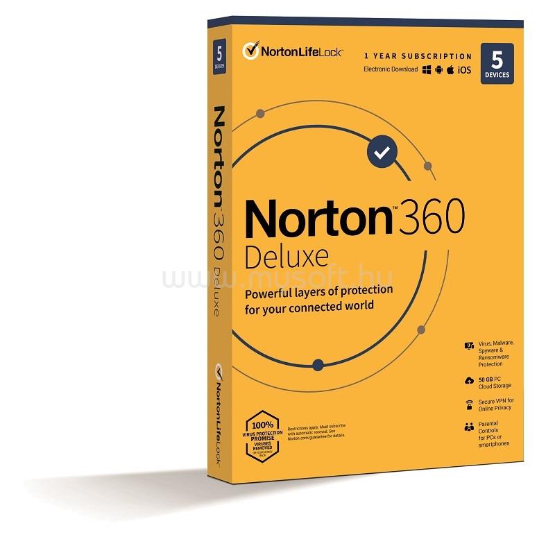 NORTONLIFELOCK Norton 360 Deluxe 50GB HUN 1 Felhasználó 5 gép 1 éves dobozos vírusirtó szoftver [ELEKTRONIKUS LICENC]