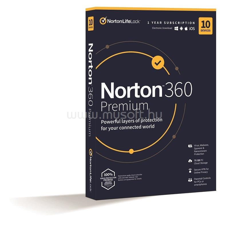 NORTONLIFELOCK Norton 360 Premium 75GB HUN 1 Felhasználó 10 gép 1 éves dobozos vírusirtó szoftver