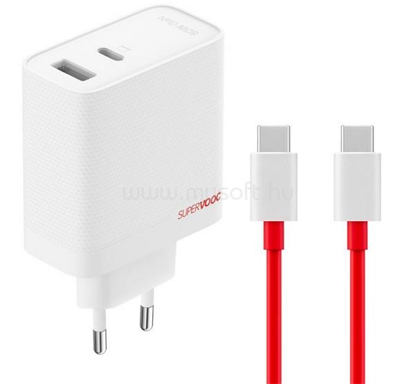 ONEPLUS ONEPLUS SUPERVOOC hálózati töltő USB+Type-C aljzat 80W, GaN + Type-C kábel, FEHÉR