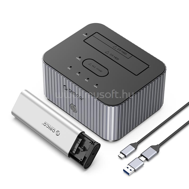 ORICO IT28E-C-EU M.2 SSD/HDD dokkoló (M.2 NVMe + 2,5"/3,5" HDD -> USB-A/C, Klón funkció, Max.: 10Gbps, szürke)