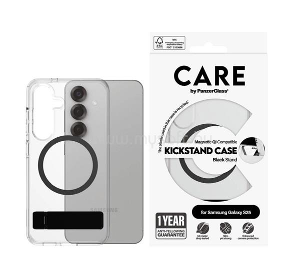 PANZERGLASS Samsung S25 PANZERGLASS CARE KICKSTAND CASE szilikon telefonvédő ütésállóság, kitámasztó, FEKETE