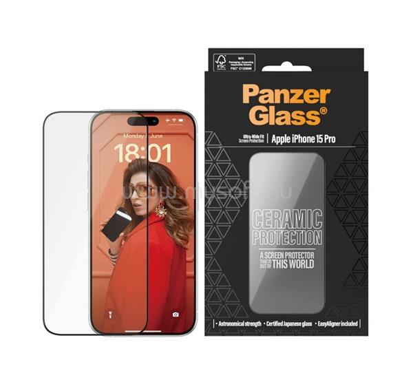 PANZERGLASS iPhone 15 Pro CERAMIC PROTECTION ULTRA-WIDE FIT képernyővédő üveg 3D, kerámia + segédkeret, FEKETE