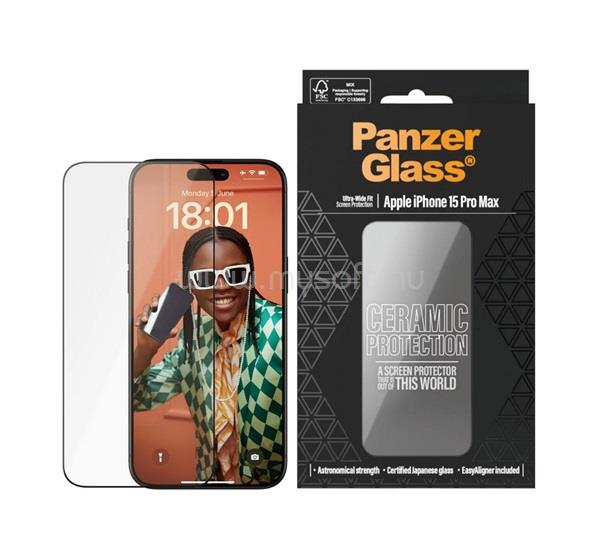 PANZERGLASS iPhone 15 Pro Max CERAMIC PROTECTION ULTRA-WIDE FIT képernyővédő üveg 3D, kerámia + segédkeret, FEKETE