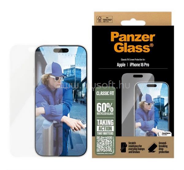 PANZERGLASS iPhone 16 Pro CLASSIC FIT képernyővédő üveg extra karcálló, ütésállóság + segédkeret, ÁTLÁTSZÓ