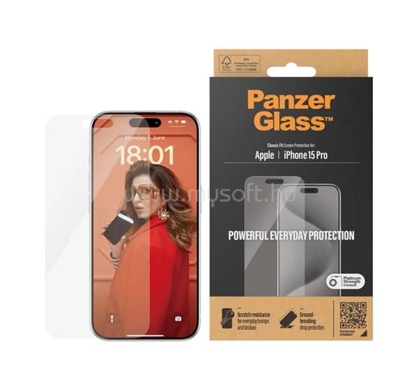PANZERGLASS iPhone 15 Pro CLASSIC FIT képernyővédő üveg extra karcálló, ütésállóság, ÁTLÁTSZÓ