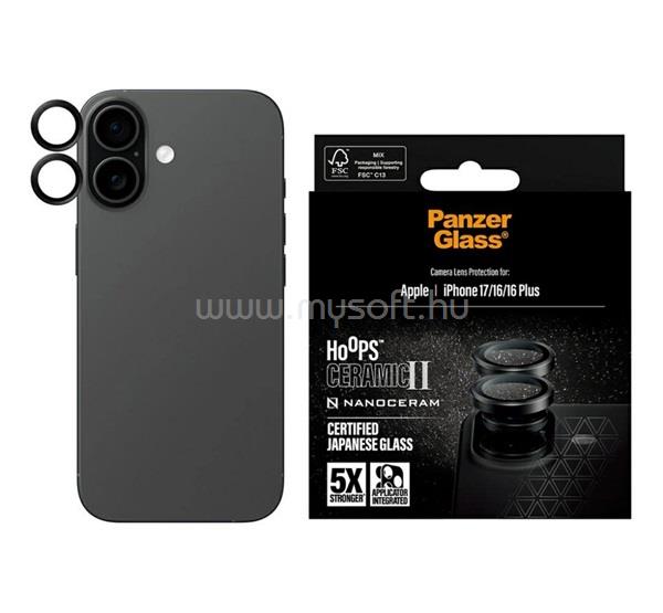 PANZERGLASS iPhone 17 / 16 Plus / 16 HOOPS CERAMIC II kameravédő üveg 9H + segédkeret FEKETE