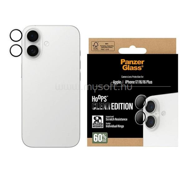 PANZERGLASS iPhone 17 / 16 Plus / 16 HOOPS CERAMIC kameravédő üveg 9H + segédkeret ÁTLÁTSZÓ