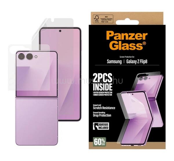 PANZERGLASS Samsung Z Flip8 PANZERGLASS képernyővédő fólia 2db extra karcálló, külső + belső kijelző, ÁTLÁTSZÓ