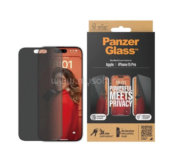 PANZERGLASS iPhone 15 Pro PRIVACY ULTRA-WIDE FIT képernyővédő üveg 3D, betekintés védelem + segédkeret, FEKETE