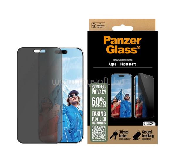 PANZERGLASS iPhone 16 Pro PRIVACY ULTRA-WIDE FIT képernyővédő üveg 3D, betekintés védelem + segédkeret, FEKETE