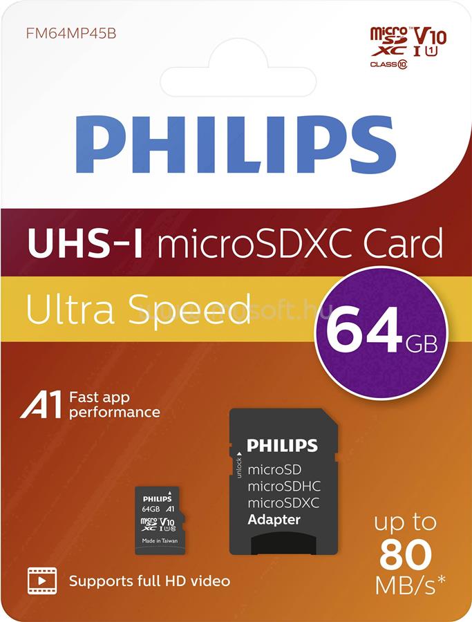 PHILIPS Micro SDHC Memóriakártya 64GB Class 10 UHS-I U1 Adapter