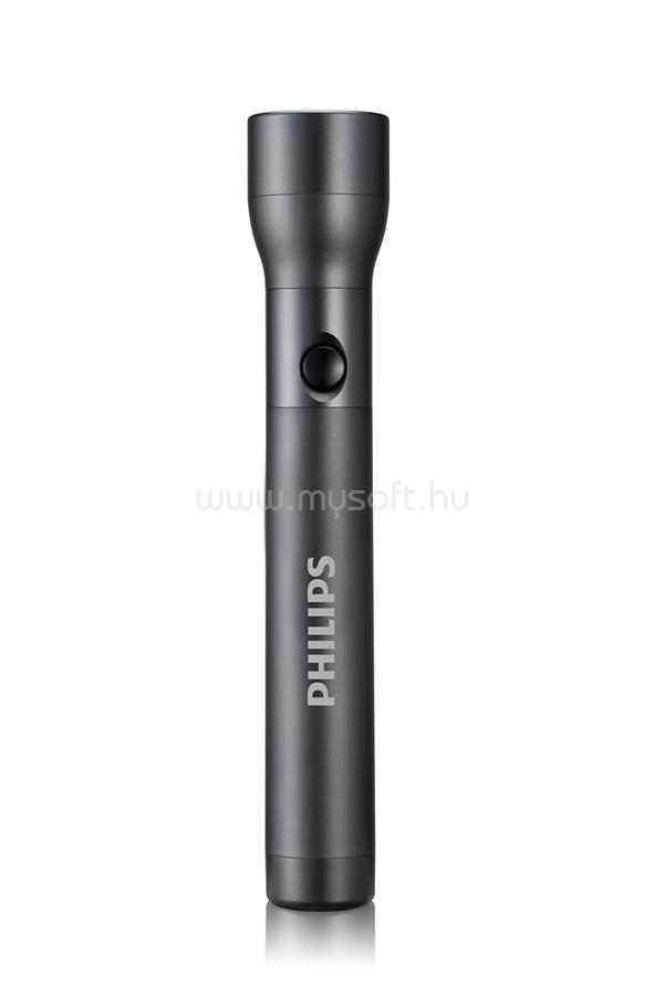 PHILIPS LED flashlight 6AA, up to 350 lumens, 200 m beam distance, 16 / 40 / 120 hours runtime high/medium/low mode, IPX4 water resistance, fixed blister packaging, includes batteries
