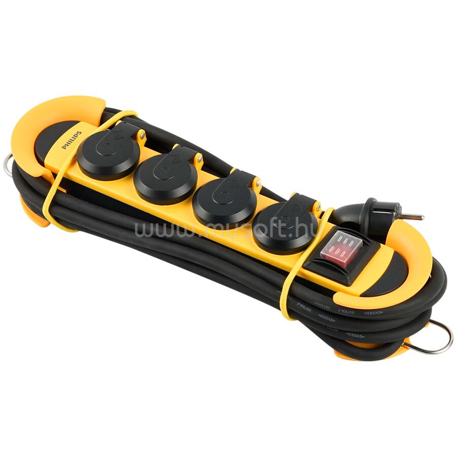 PHILIPS Workshop extension cable, built-in convenience features, 4 AC outlets, IP44 resistance, outlet cover, cable management, retractable hook, 5 m cable, 3680 W, safety protection  to  child-proof lock