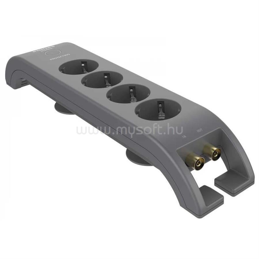 PHILIPS Surge protector, 4 outlets, reliable protection, power and surge indicators, max current: 16 A, energy absorption (3-line protection): 1800 J, max power: 3680 W, coaxial cable protection, 2 m cable