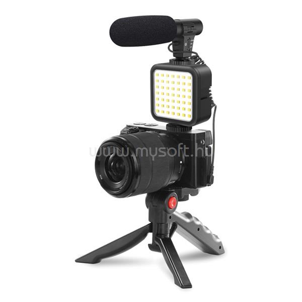 PLATINET Vlog kit, tripod állvány+mikrofon+LED videolámpa+mobiltartó