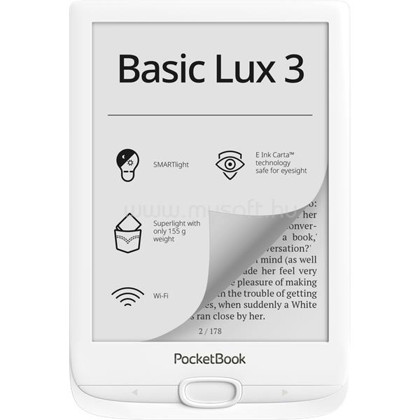 POCKETBOOK e-Reader - PB617 BASIC LUX3 Fehér (6" E-Ink Carta, Cpu: 1GHz, 512MB, 8GB, 1300mAh, wifi, mUSB, mSD olvasó)