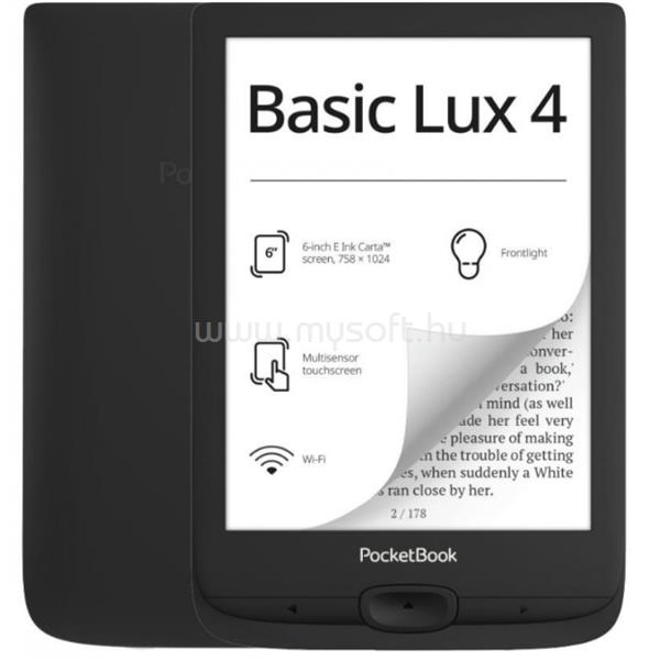 POCKETBOOK e-Reader - PB618 BASIC LUX4 (fekete, 6" E-Ink Carta, Cpu: 1GHz, 512MB, 8GB, 1300mAh, wifi, USB-C, mSD olvasó)