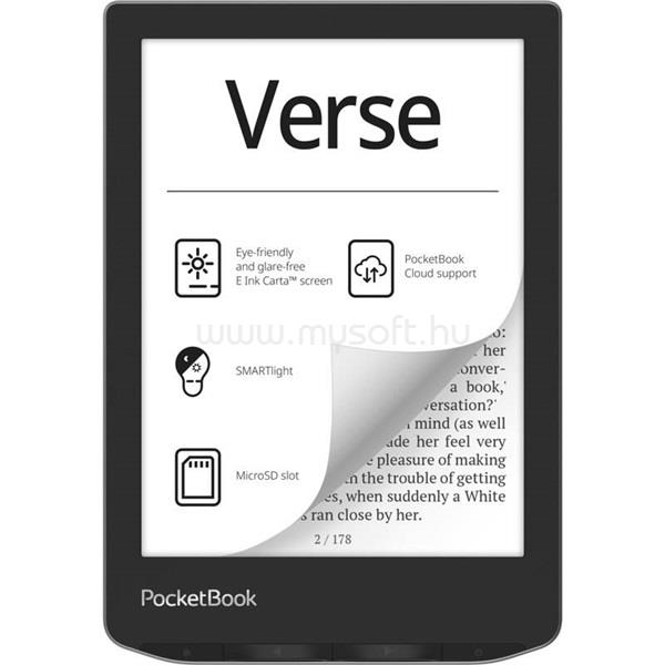 POCKETBOOK e-Reader - PB629 VERSE (szürke, 6"E Ink Carta, Cpu: 1GHz,512MB,8GB,1500mAh, wifi,mSD, kép megvilágítás)