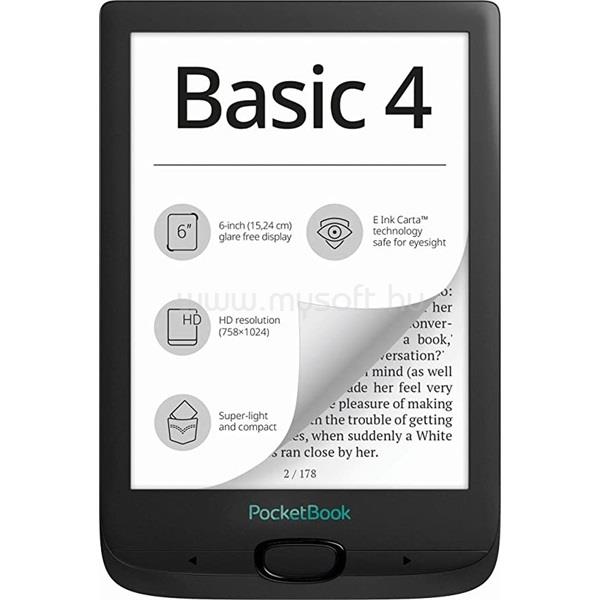 POCKETBOOK e-Reader - Basic 4 Fekete (6" E Ink Carta, Cpu: 1GHz, 256MB, 8GB, 800mAH, mUSB, mSD olvasó)