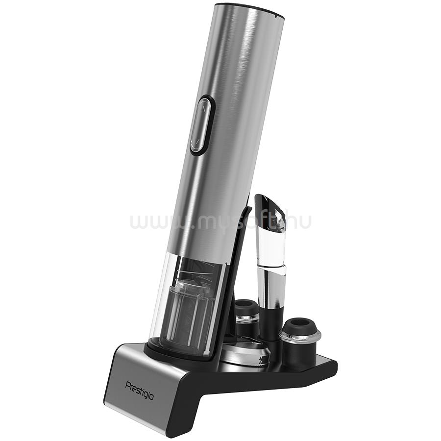 PRESTIGIO Garda, smart wine opener, simple operation with 2 buttons, aerator, vacuum stopper preserver, foil cutter, opens up to 50 bottles wihout recharging, premium design, silver color.